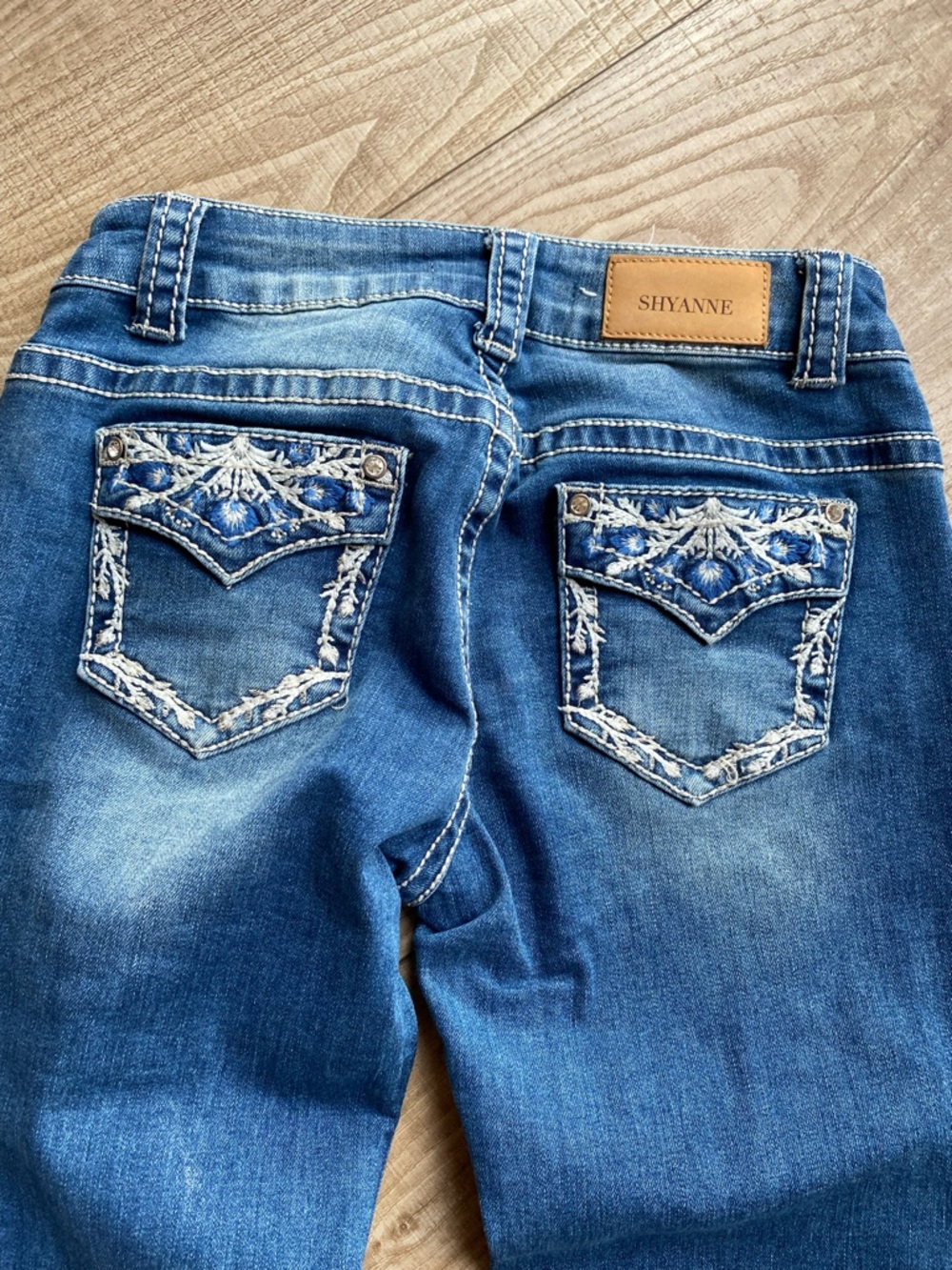 Shyanne Blue Denim Jeans with White & Blue Pocket Embroidery